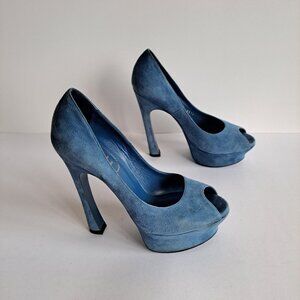 YSL Suede Blue Teal Peep Toe Platform Pumps Heels Shoes Size 36.5